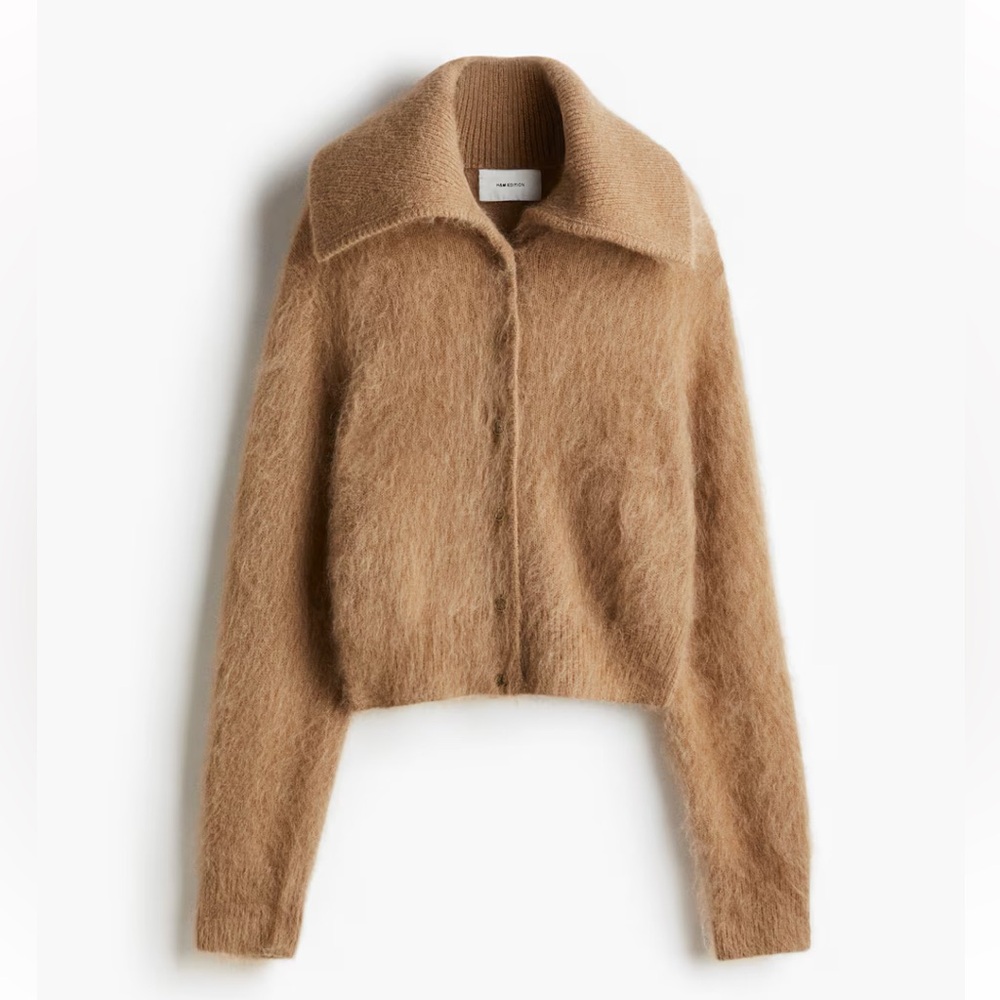 H&M Cropped Fuzzy Mohair-Blend Cardigan in Camel